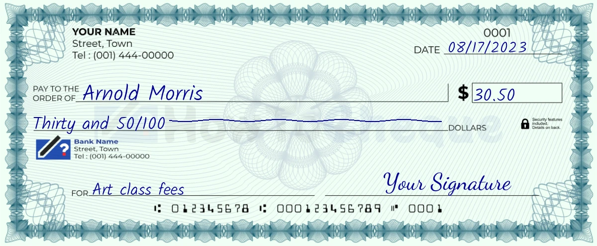 Example check of 30 dollar 50 cent