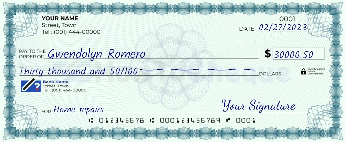 Example check of 30000 dollar 50 cent