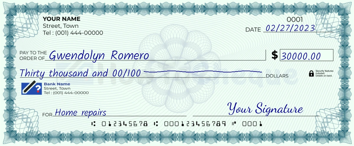 Example check of 30000 dollar