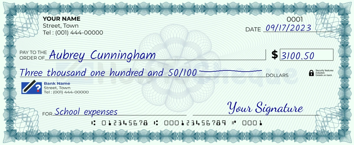 Example check of 3100 dollar 50 cent