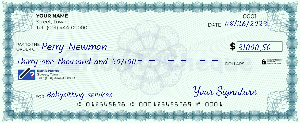 Example check of 31000 dollar 50 cent