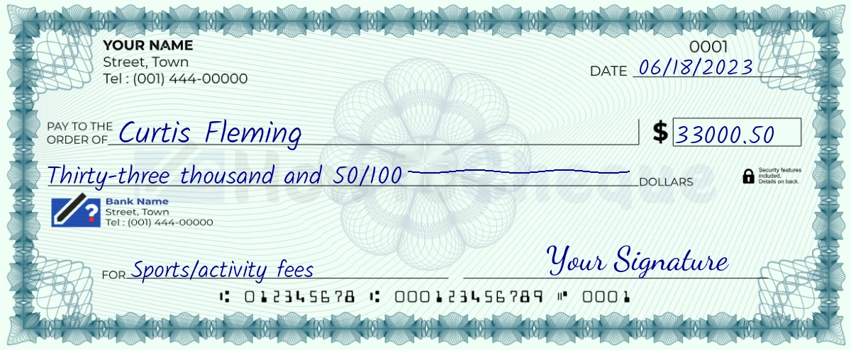 Example check of 33000 dollar 50 cent