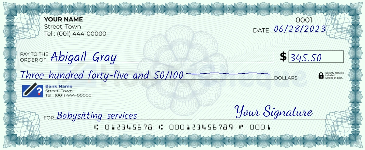 Example check of 345 dollar 50 cent