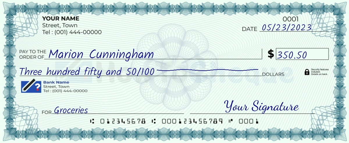 Example check of 350 dollar 50 cent