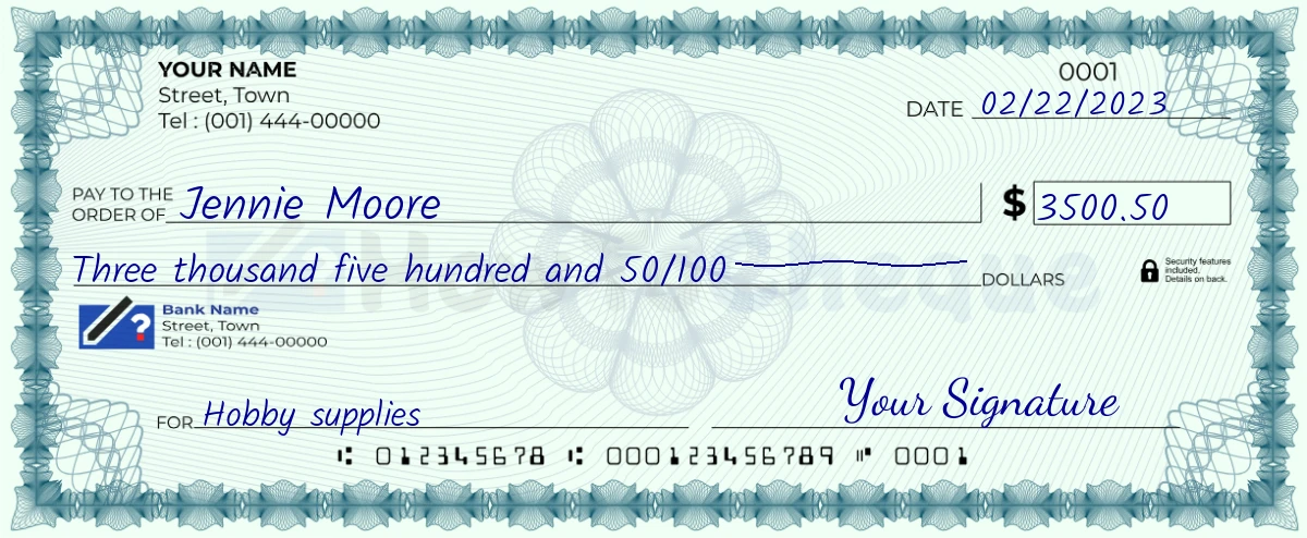 Example check of 3500 dollar 50 cent