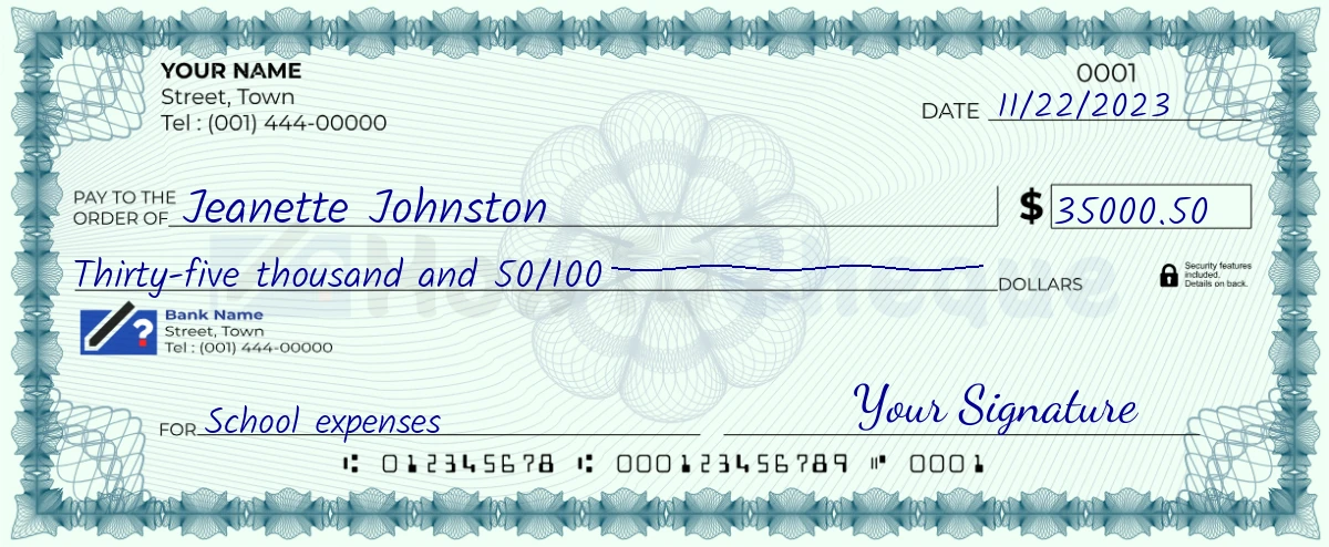 Example check of 35000 dollar 50 cent