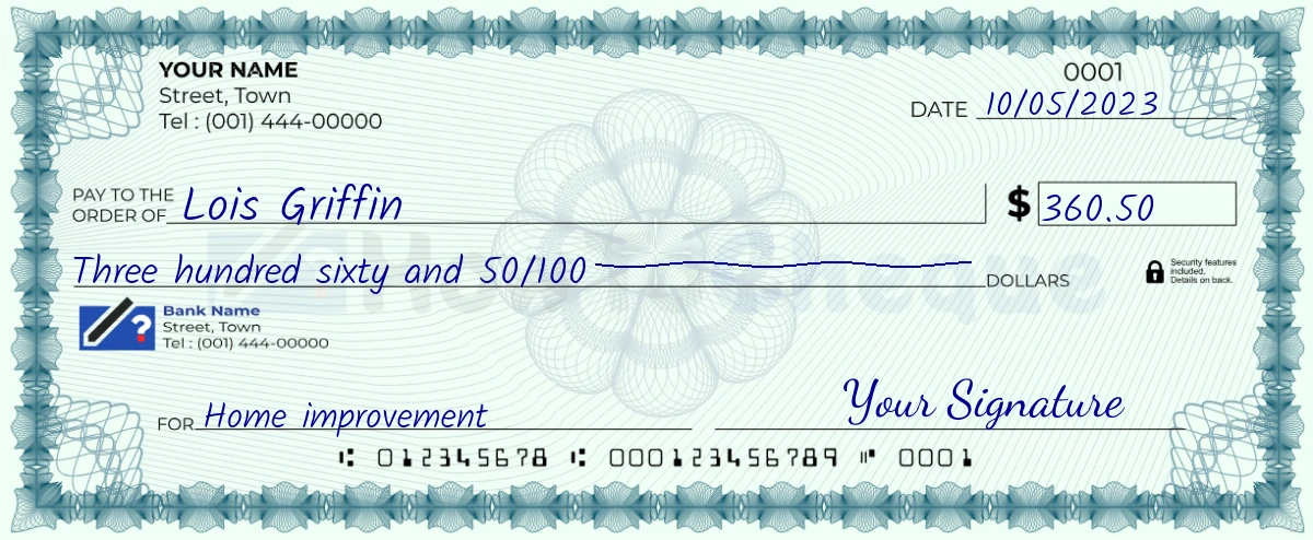 Example check of 360 dollar 50 cent