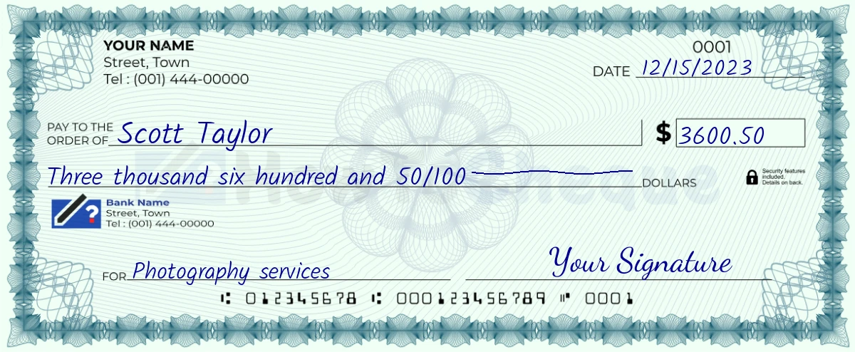 Example check of 3600 dollar 50 cent