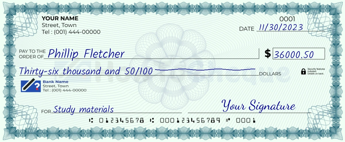 Example check of 36000 dollar 50 cent