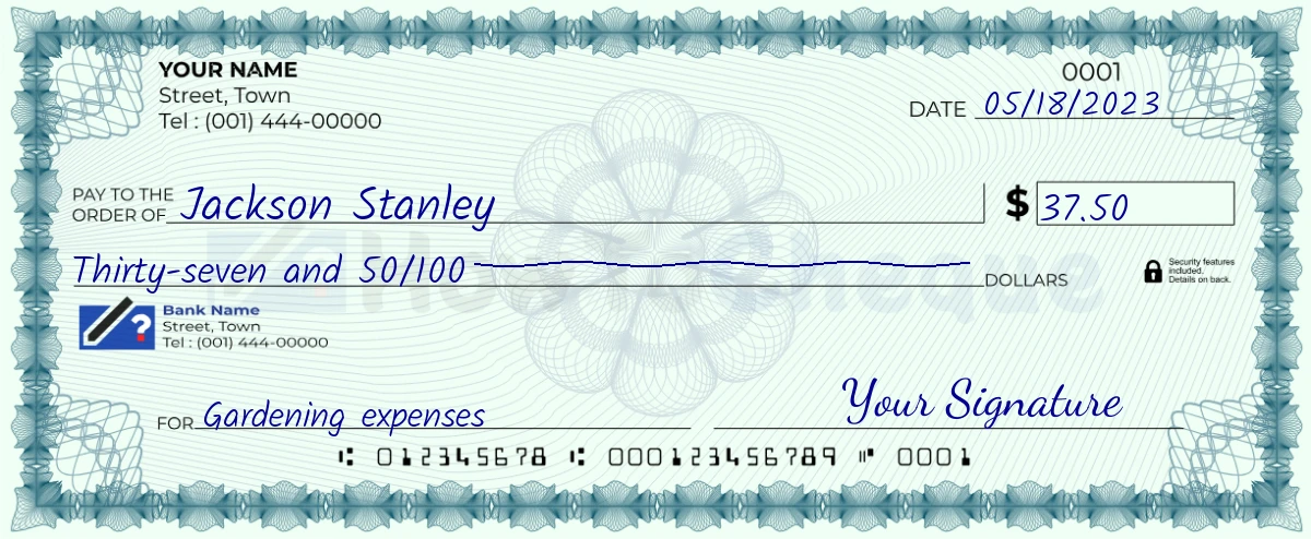 Example check of 37 dollar 50 cent