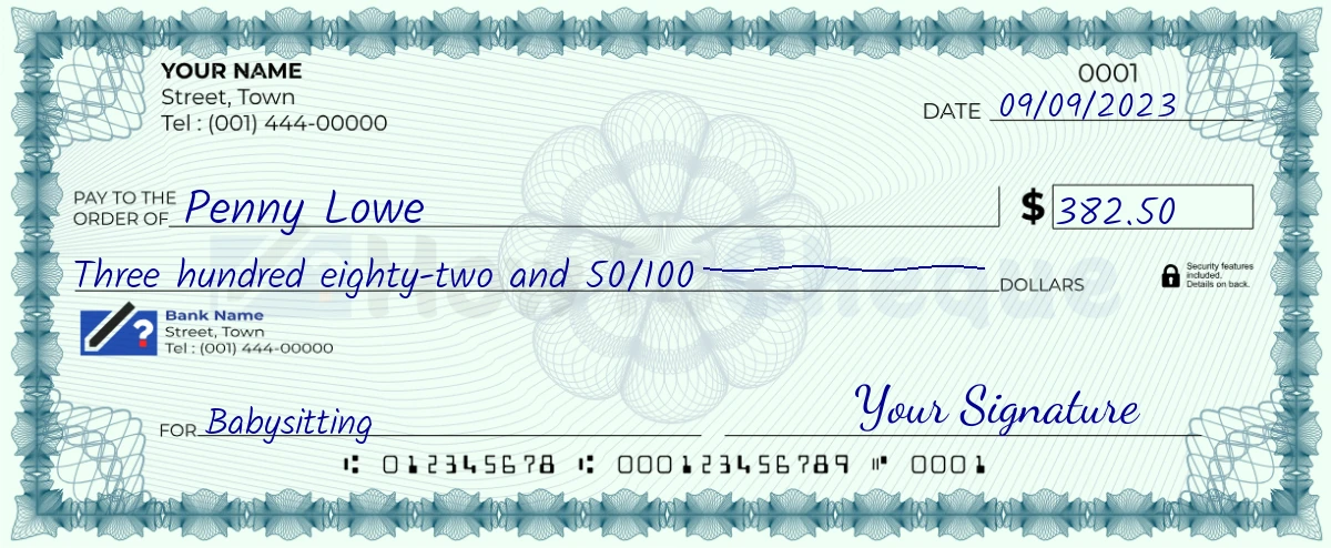 Example check of 382 dollar 50 cent