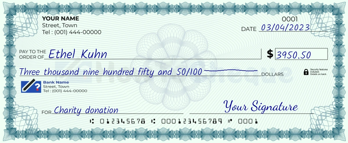 Example check of 3950 dollar 50 cent