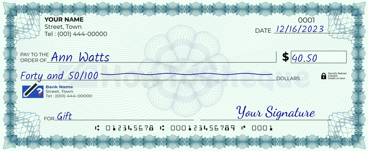 Example check of 40 dollar 50 cent