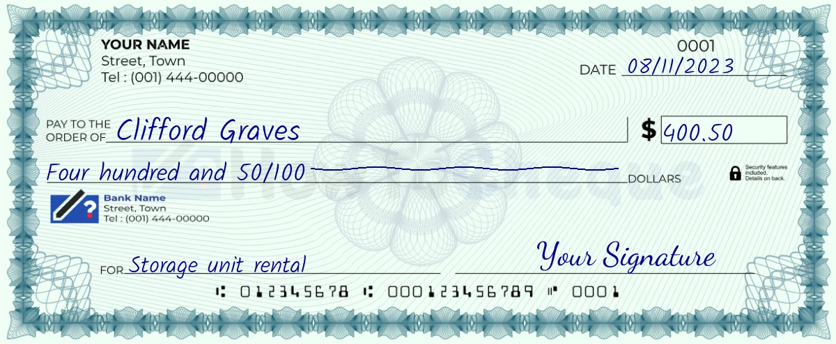 Example check of 400 dollar 50 cent