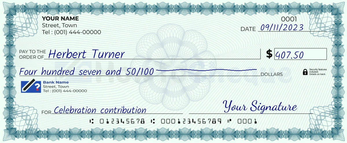 Example check of 407 dollar 50 cent