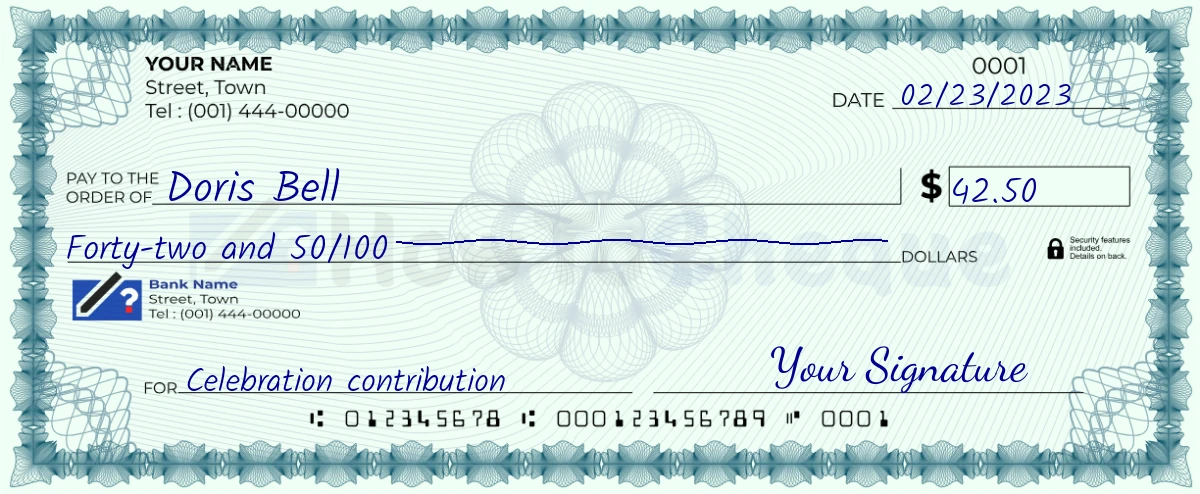 Example check of 42 dollar 50 cent