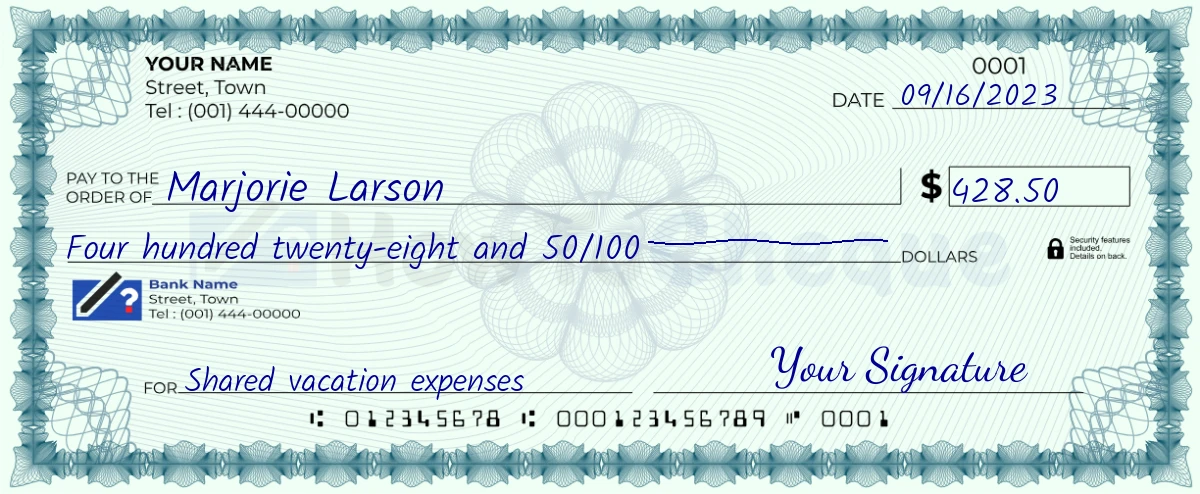 Example check of 428 dollar 50 cent