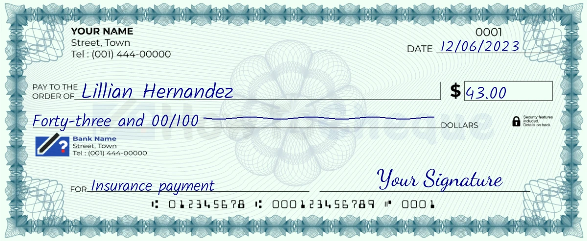 Example check of 43 dollar