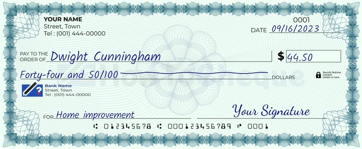 Example check of 44 dollar 50 cent