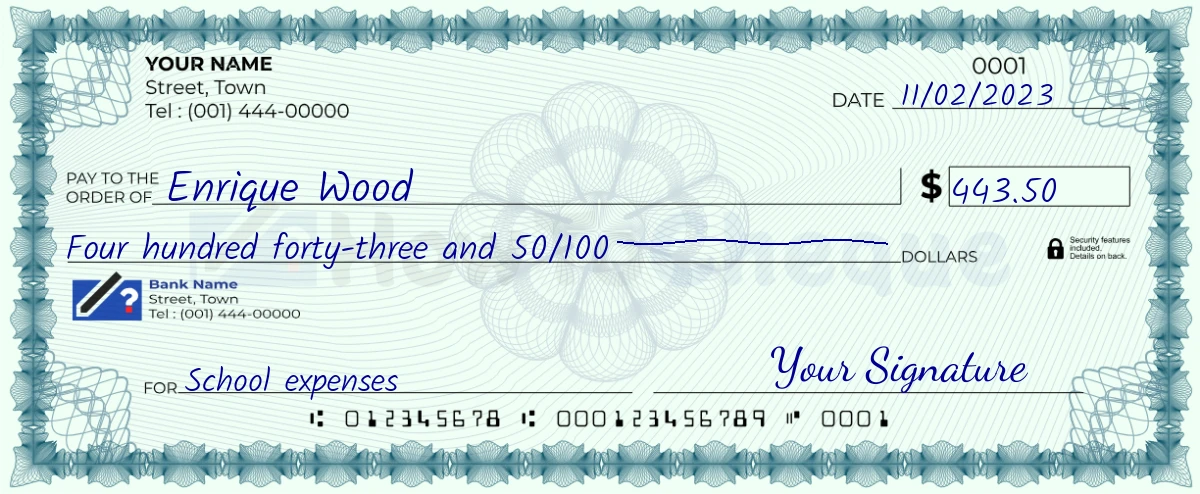 Example check of 443 dollar 50 cent