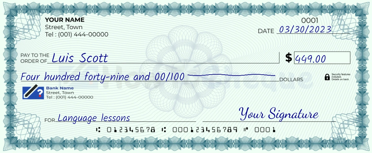 Example check of 449 dollar