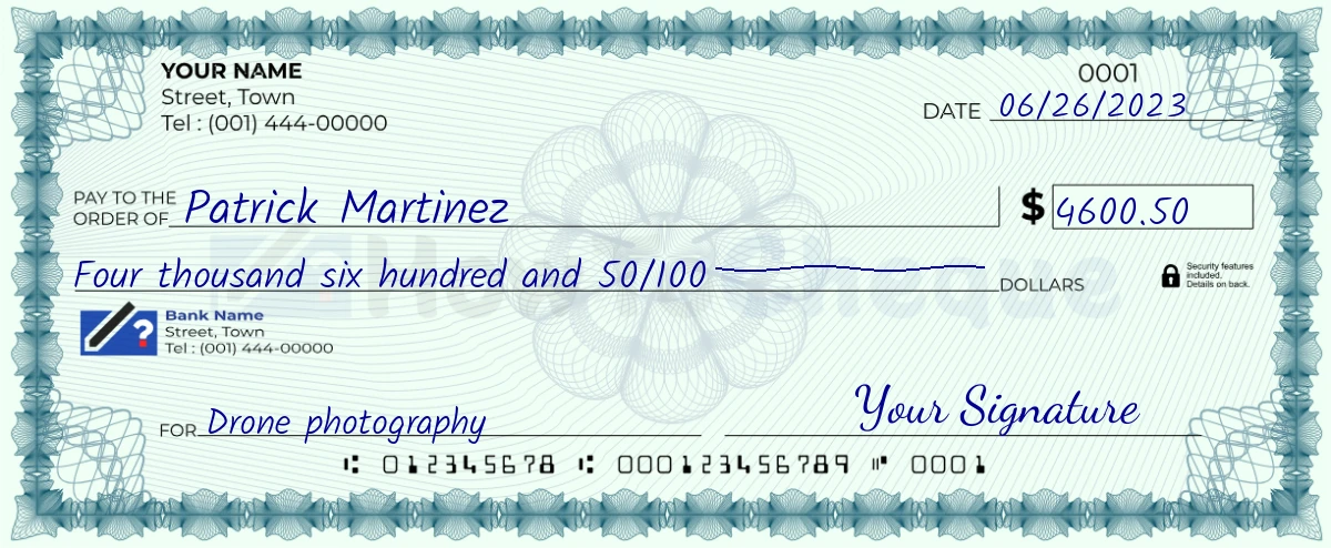 Example check of 4600 dollar 50 cent