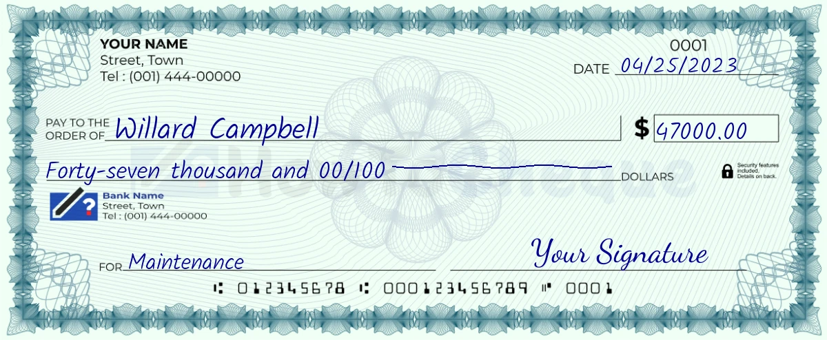 Example check of 47000 dollar