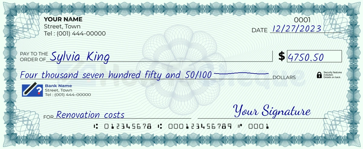 Example check of 4750 dollar 50 cent