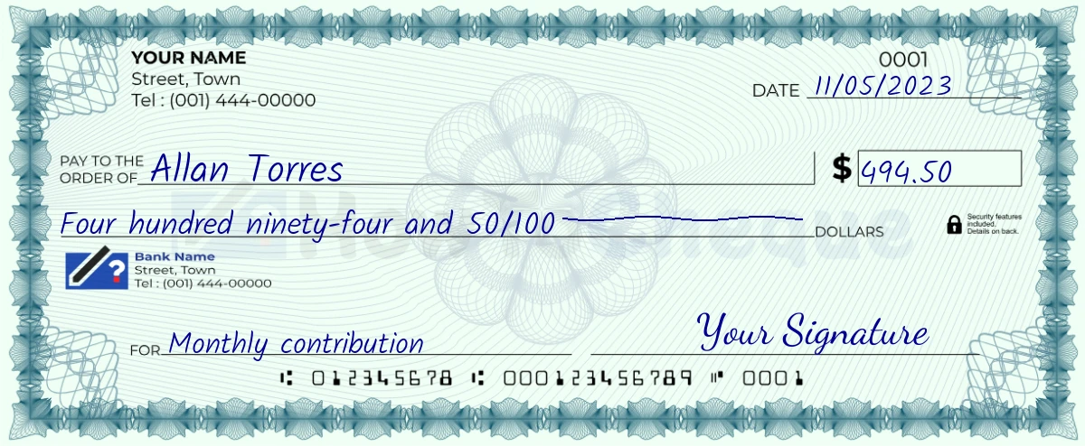Example check of 494 dollar 50 cent