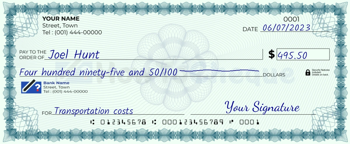 Example check of 495 dollar 50 cent