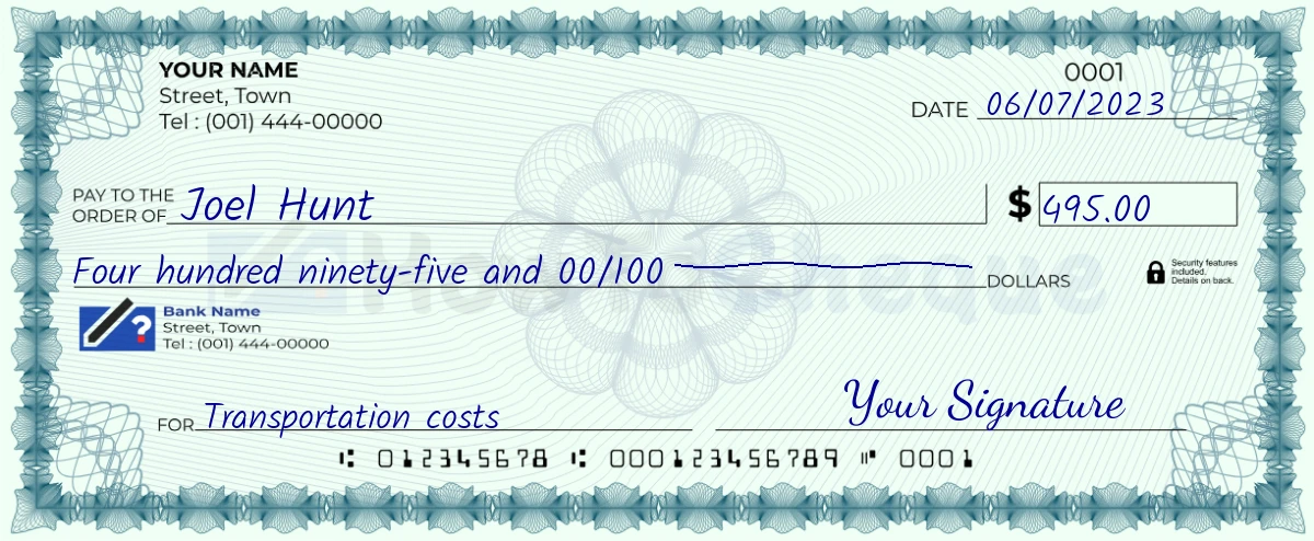 Example check of 495 dollar