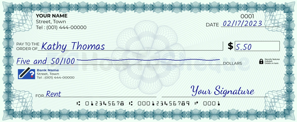 Example check of 5 dollar