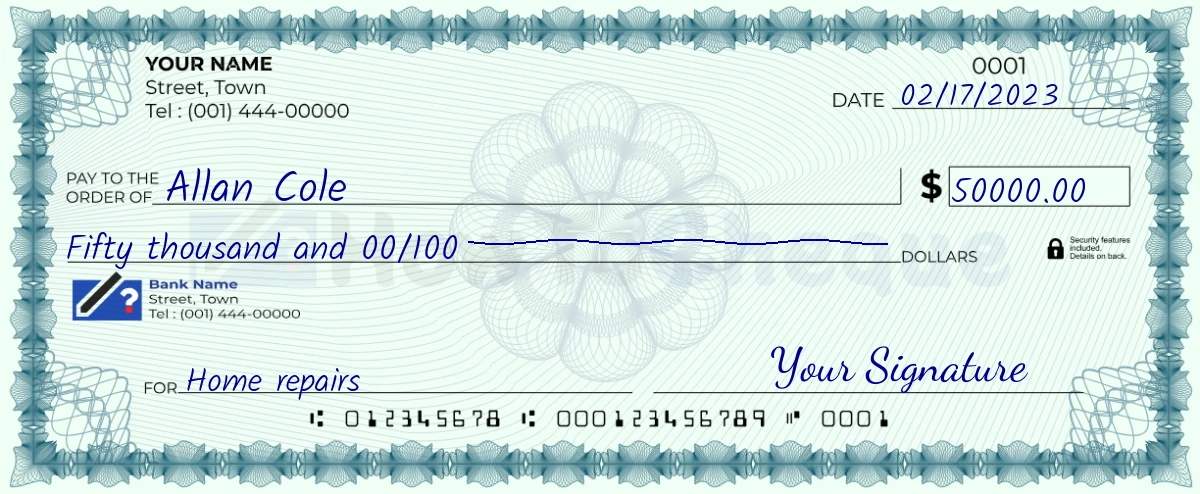 Example check of 50000 dollar