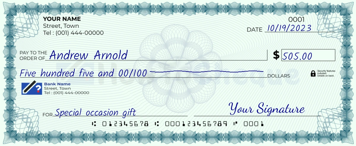 Example check of 505 dollar