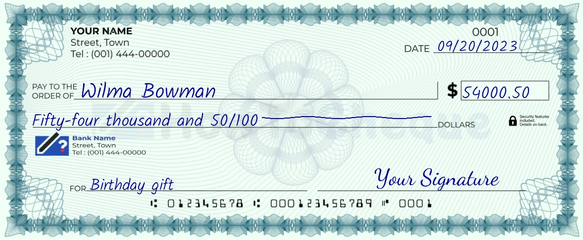 Example check of 54000 dollar 50 cent