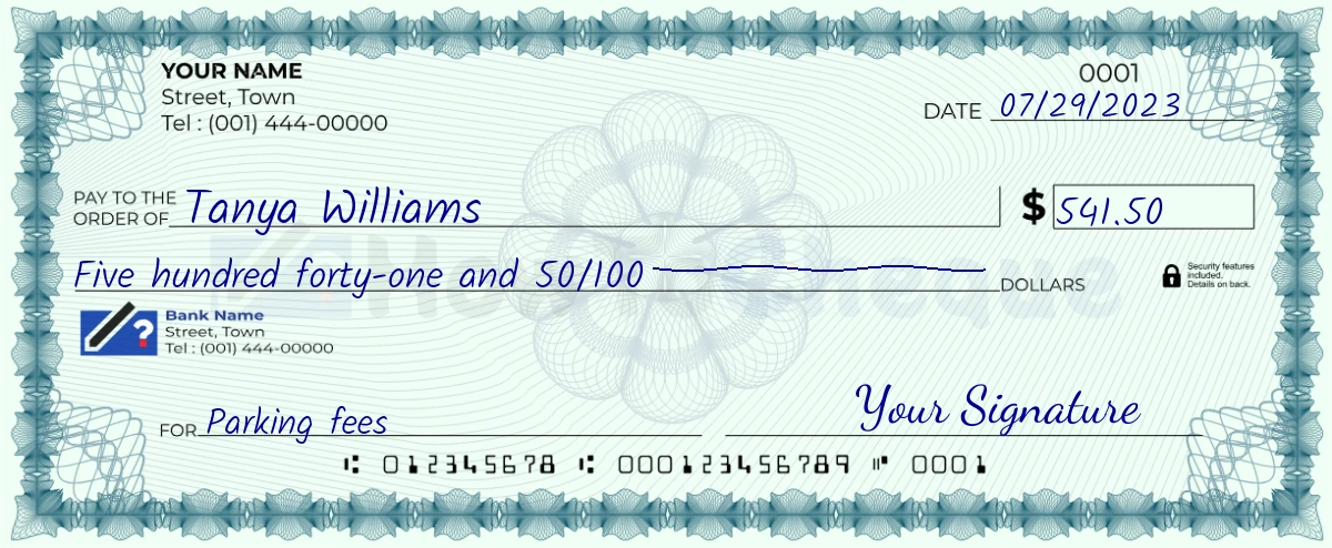 Example check of 541 dollar 50 cent