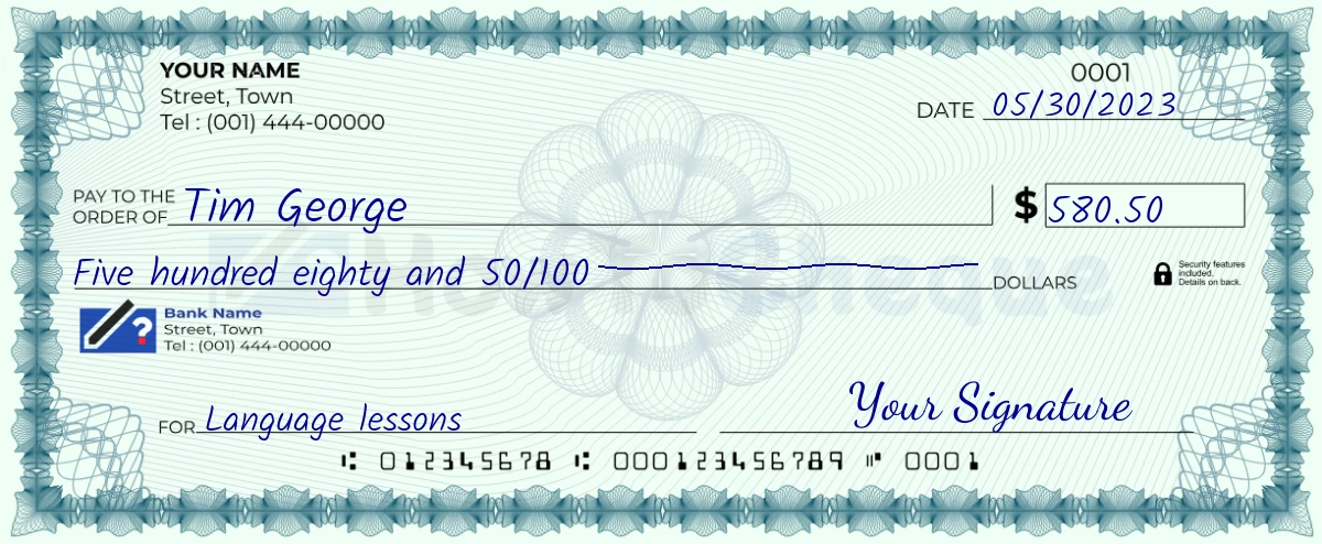Example check of 580 dollar 50 cent