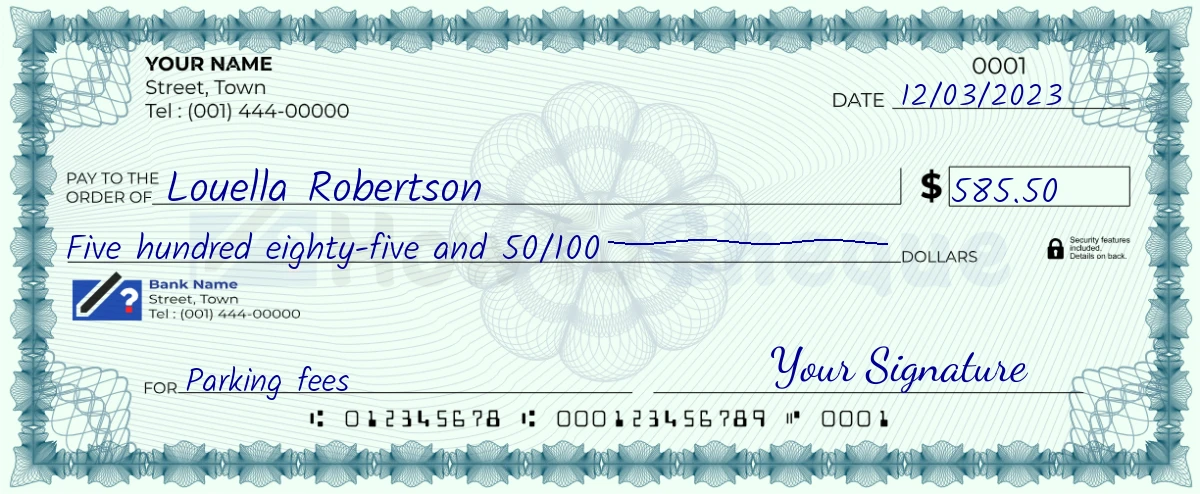 Example check of 585 dollar 50 cent