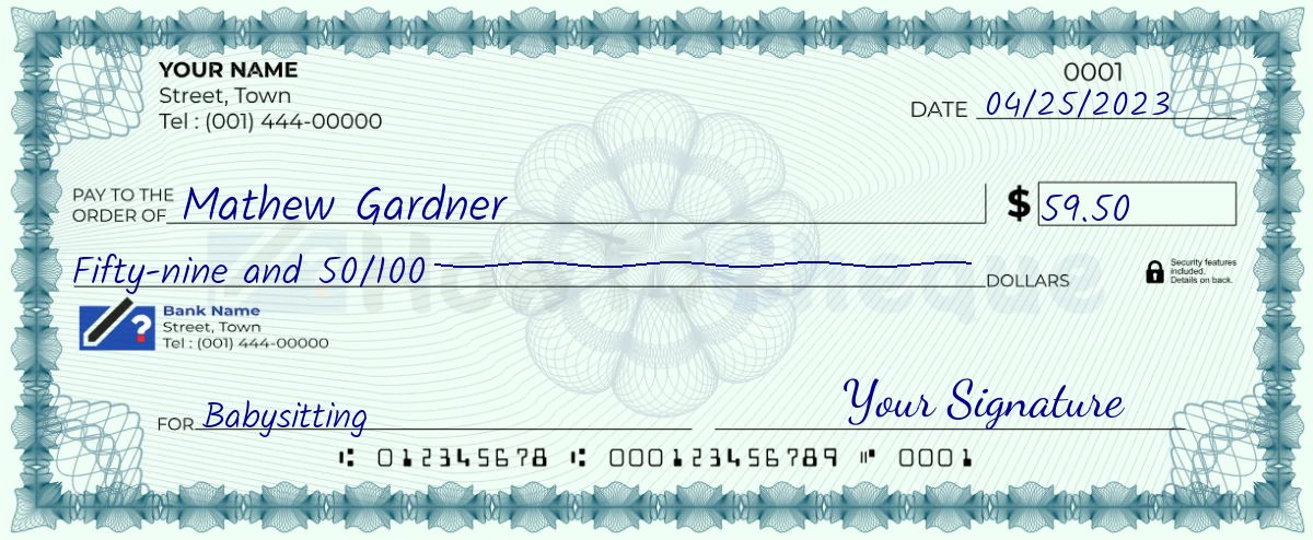 Example check of 59 dollar 50 cent