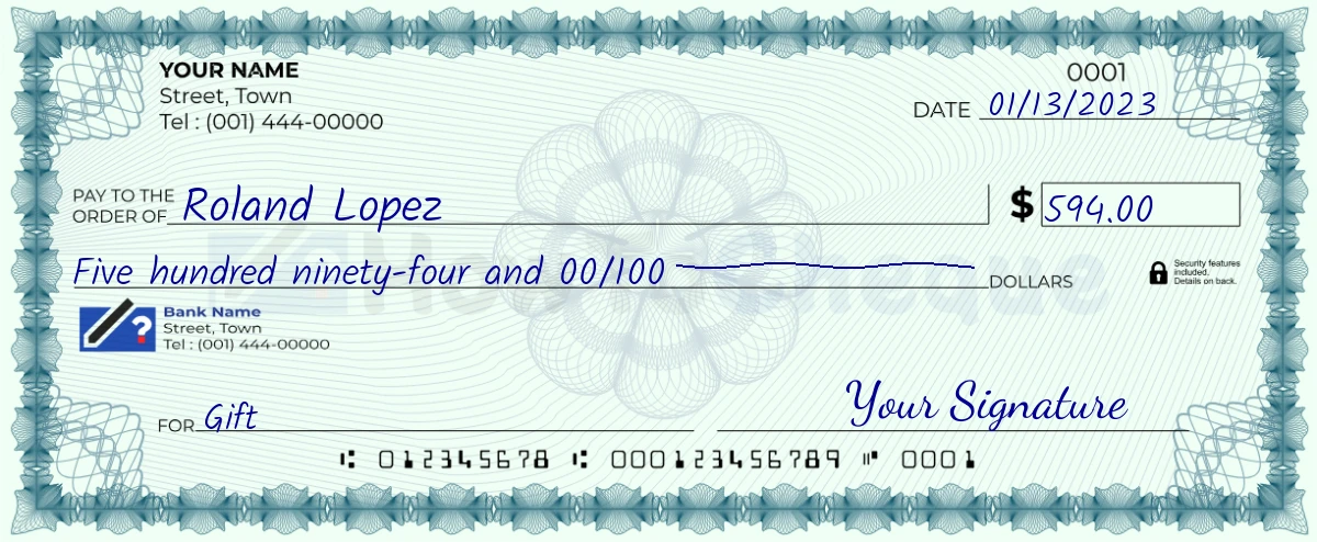 Example check of 594 dollar