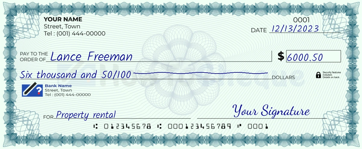 Example check of 6000 dollar 50 cent