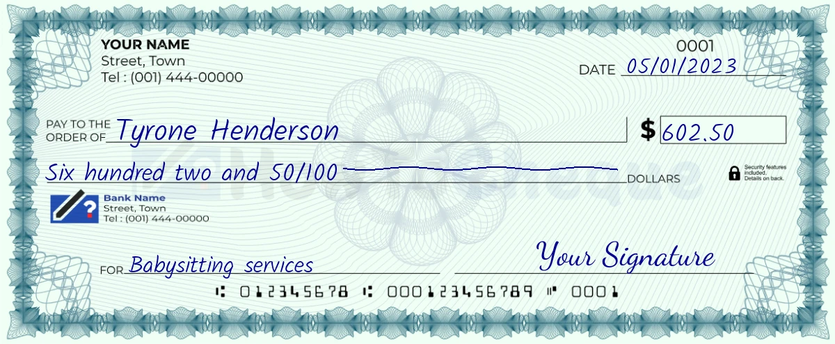 Example check of 602 dollar 50 cent
