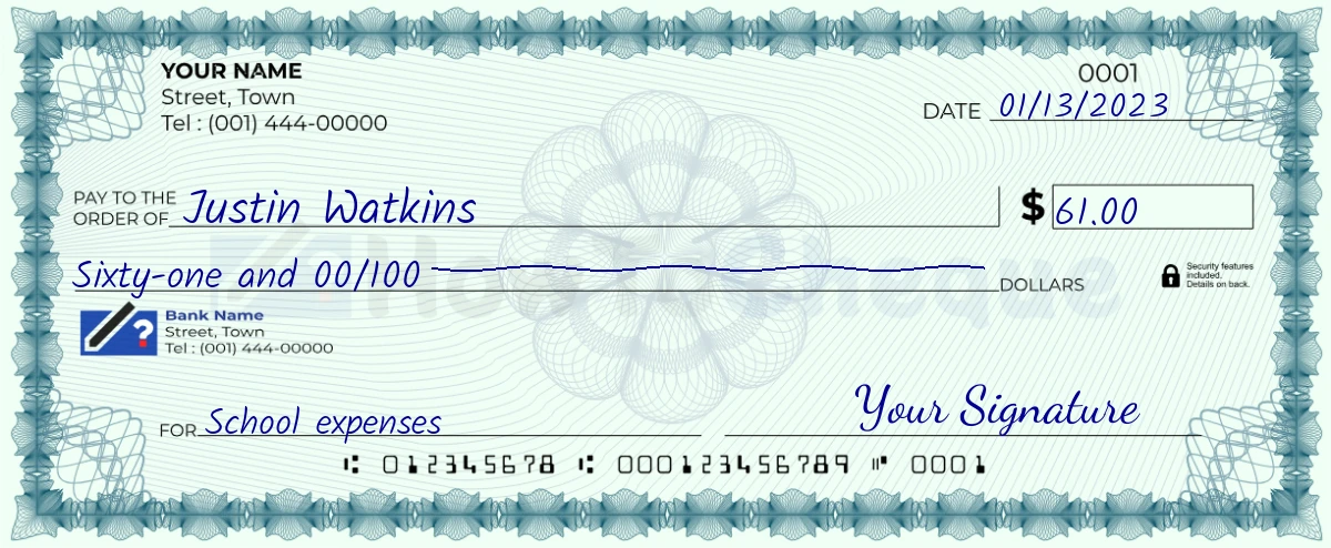 Example check of 61 dollar
