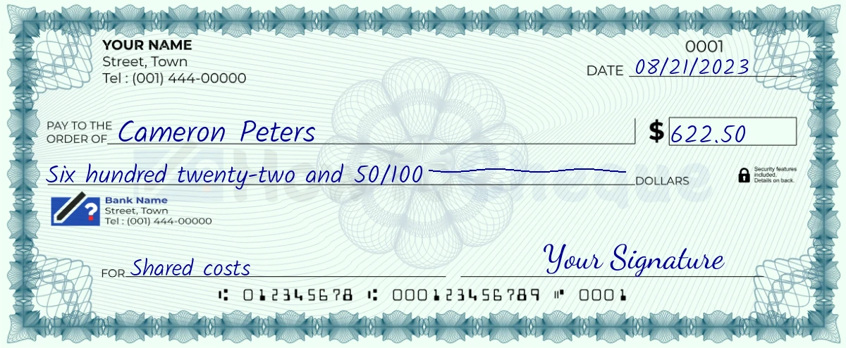 Example check of 622 dollar 50 cent
