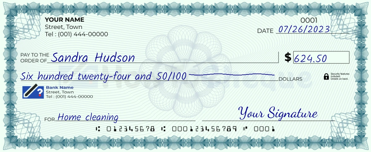 Example check of 624 dollar 50 cent