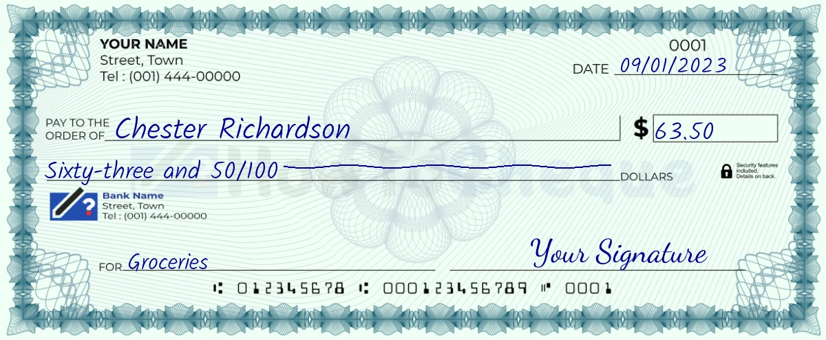 Example check of 63 dollar 50 cent