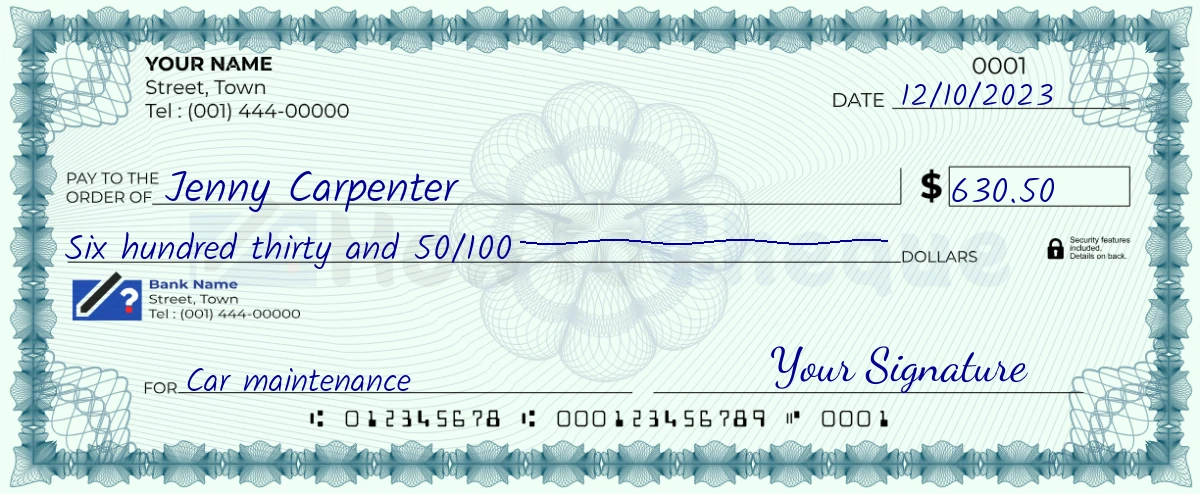 Example check of 630 dollar 50 cent