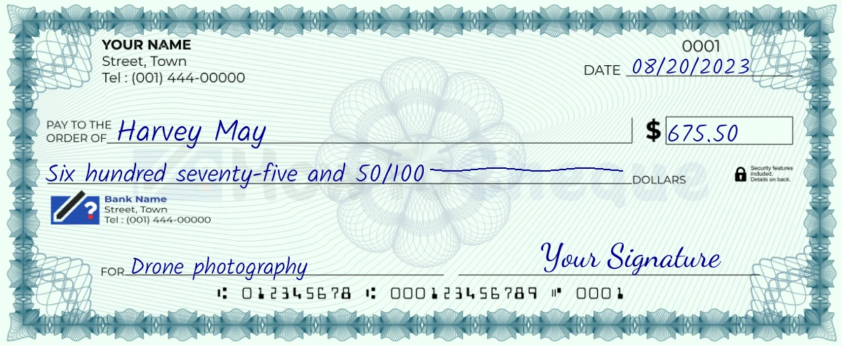 Example check of 675 dollar 50 cent