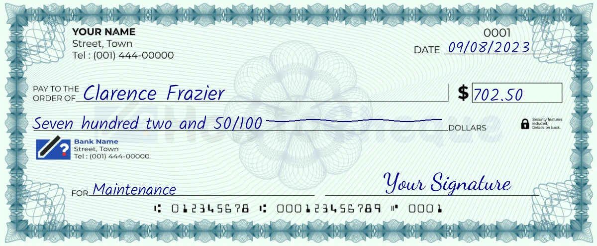 Example check of 702 dollar 50 cent