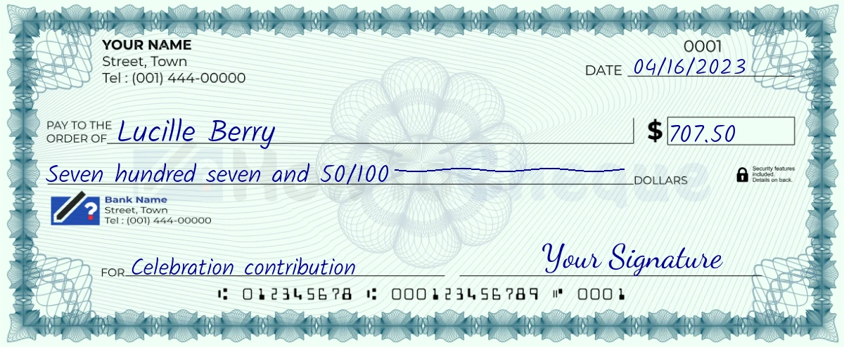 Example check of 707 dollar 50 cent